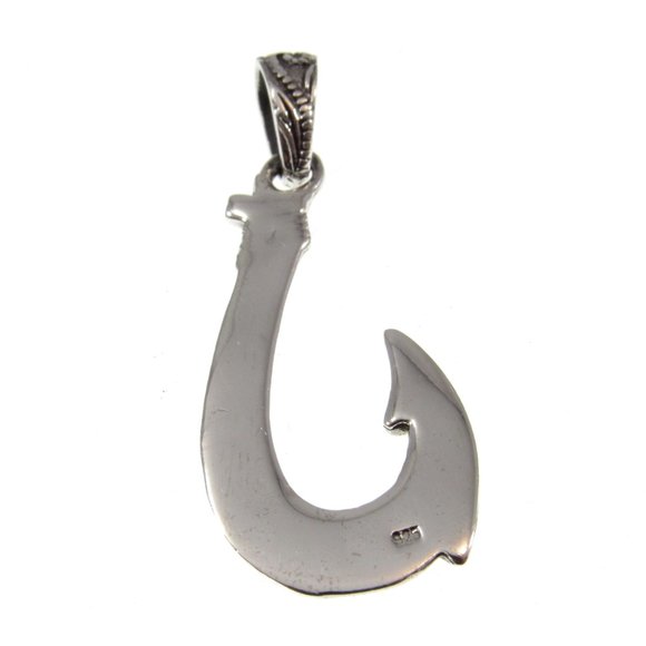 Solid 925 Sterling Silver Ornate Hawaiian Fish Hook Pendant - Fisherman Gift - Picture 9 of 9